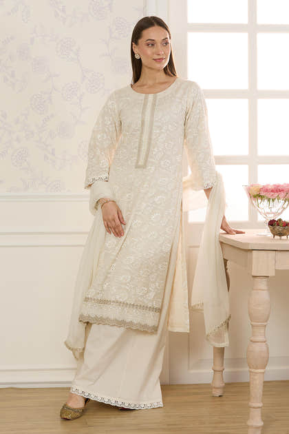 Cream Kota Cotton ChikanKari Unstitched Suit Material
