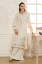 Cream Kota Cotton ChikanKari Unstitched Suit Material