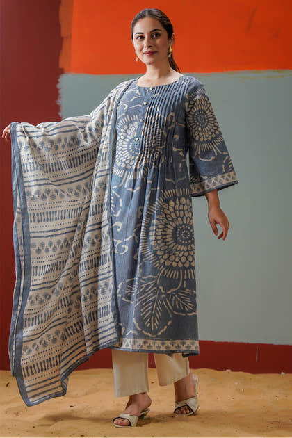 Grey Cotton Floral Printed Suit Set