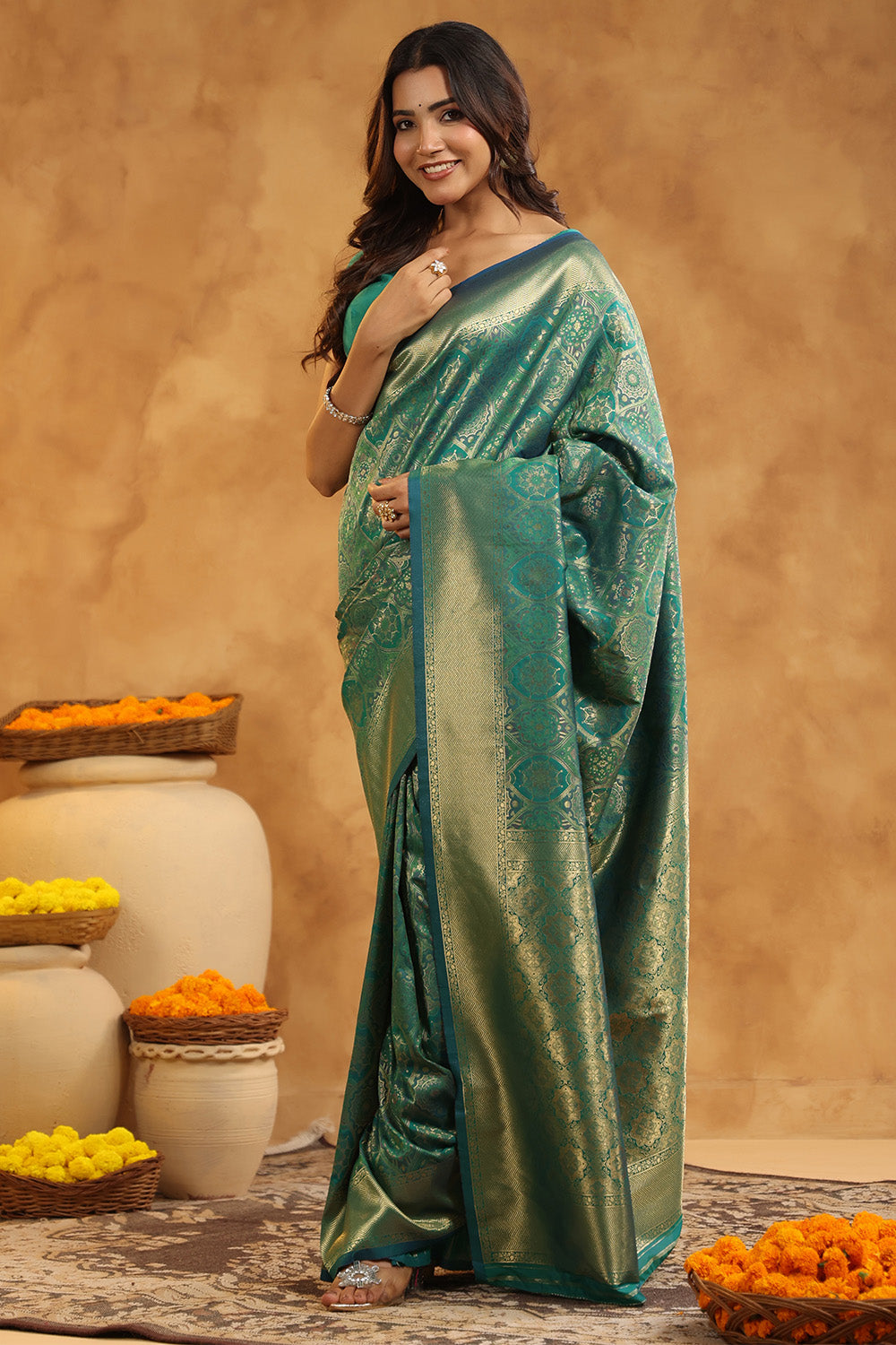 Teal Colour Silk Woven Saree