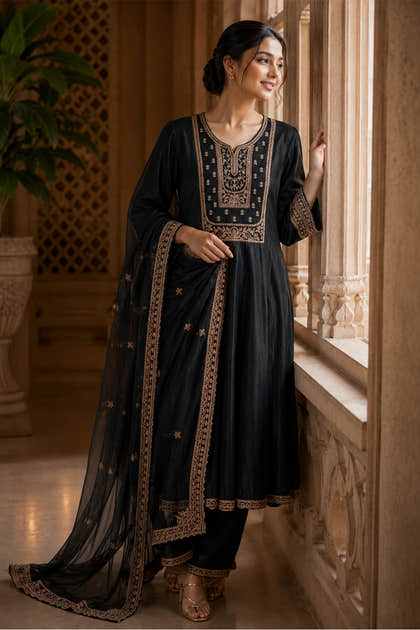 Black Crepe Silk Zari and Sequins Embroidered Anarkali Suit