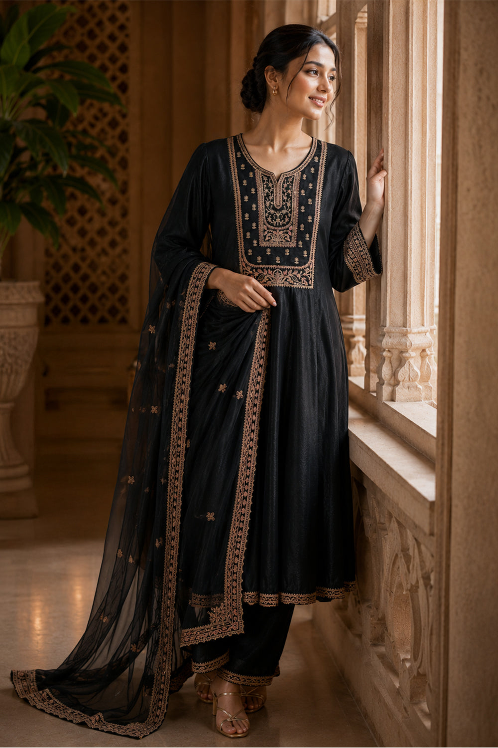 Black Crepe Silk Zari and Sequins Embroidered Anarkali Suit