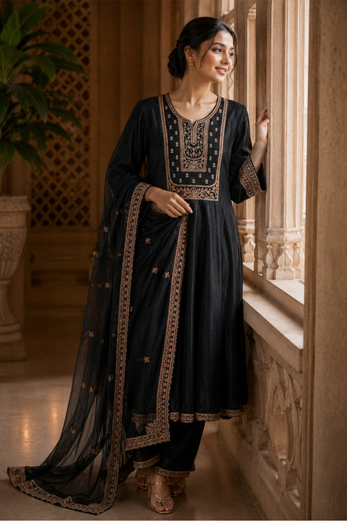 Black Crepe Silk Zari and Sequins Embroidered Anarkali Suit