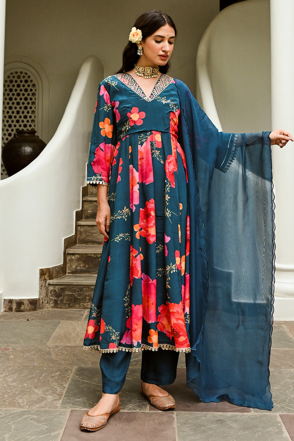 Teal Color Crepe Printed Anarkali Suit