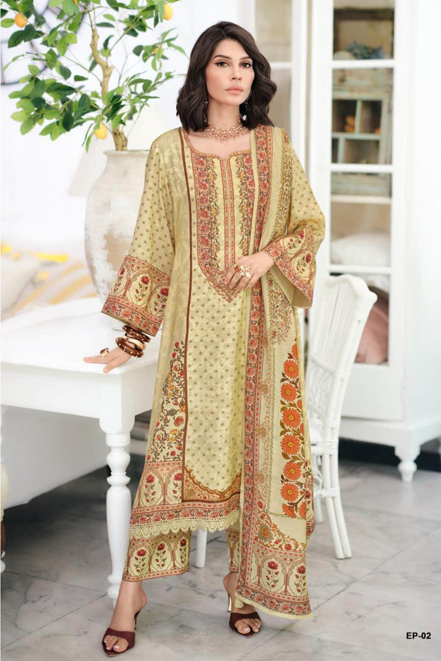 Cream Cotton Silk Digital Printed Unstitched Suit Material