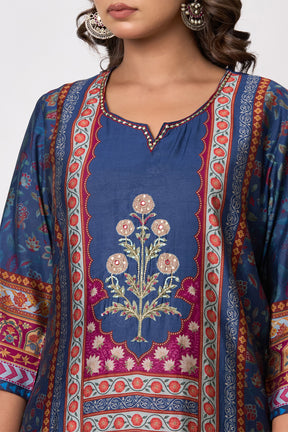 Navy Blue Chanderi Silk Printed Straight Suit