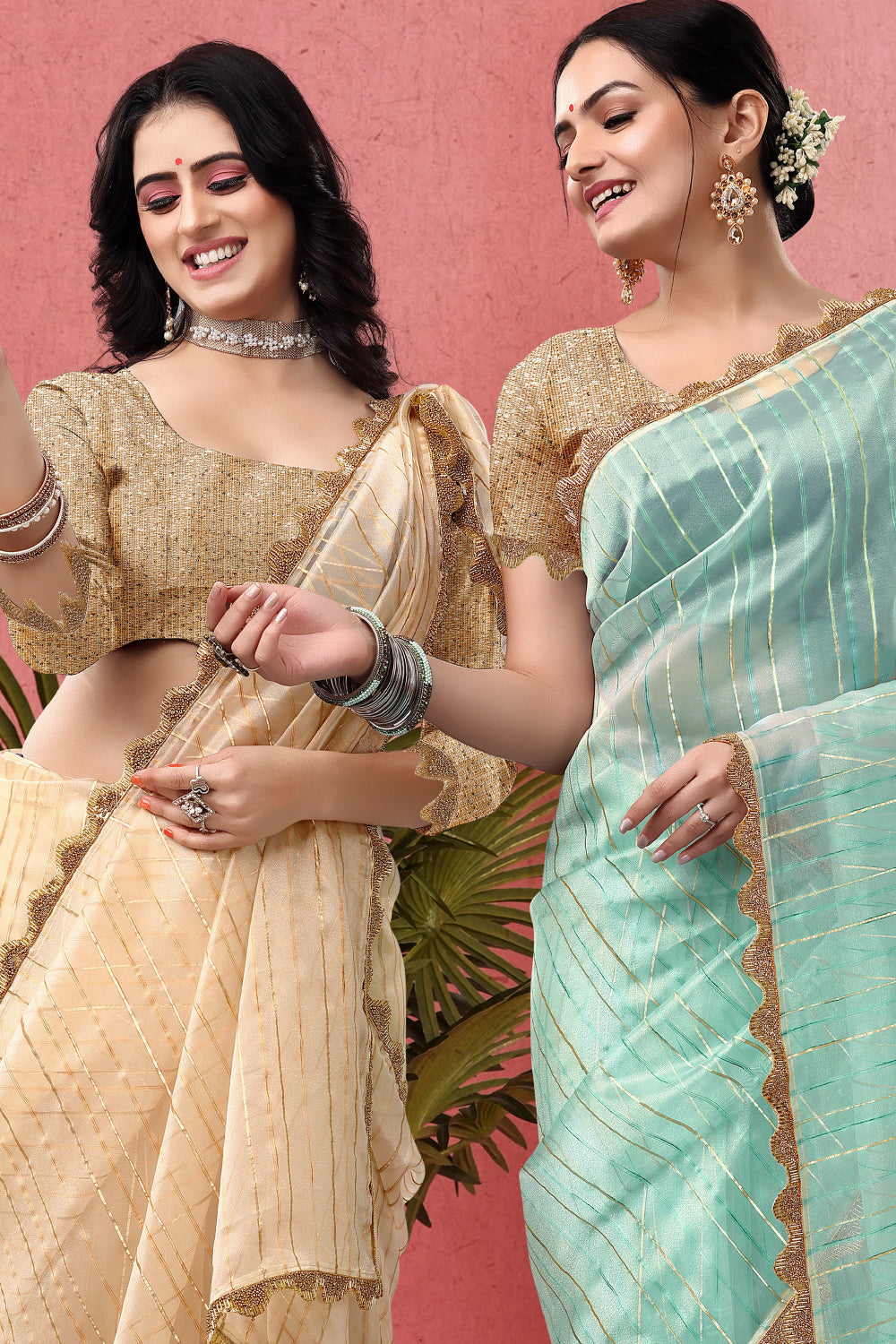 Beige Colour Organza Saree with Readymade Blouse