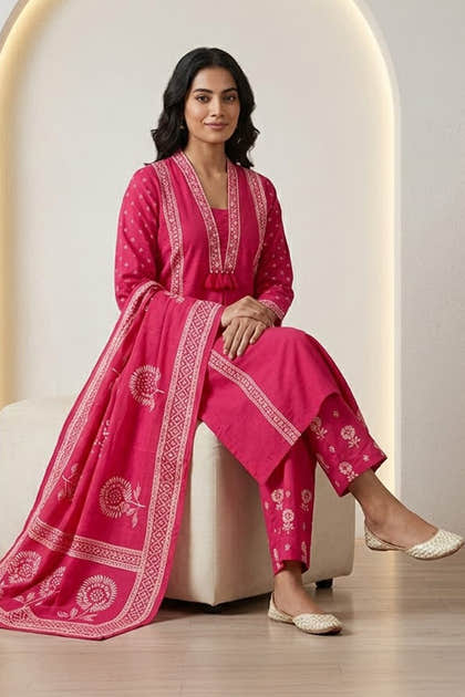Magenta Pink Cotton Printed Suit