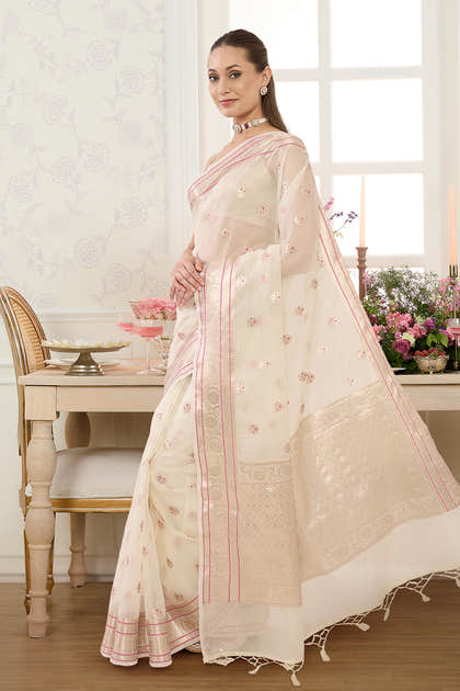 Cream Zari & Resham Woven Tissue Silk Saree