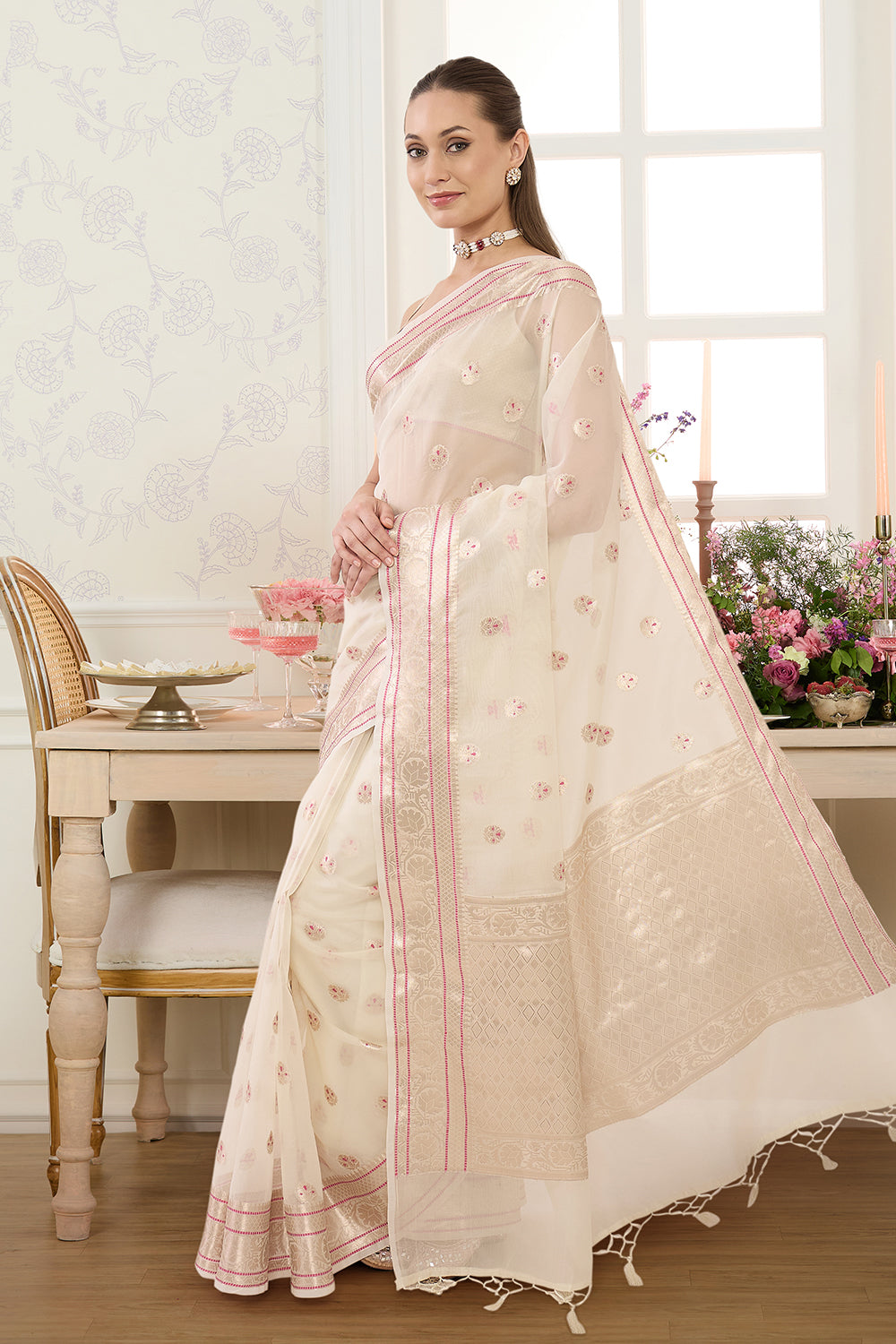 Cream Zari & Resham Woven Tissue Silk Saree