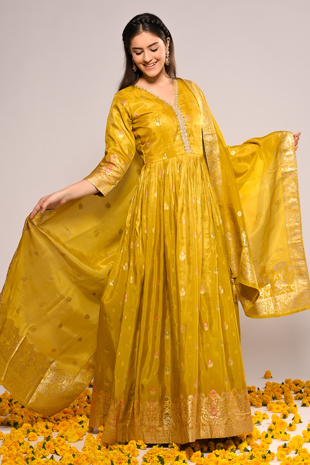 Mustard Color Mantellic Tissue Embroidered and Woven Anarkali Suit