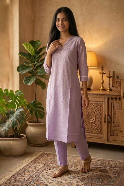 Lavendar Cotton Mirror Neck-Embroidered Kurta Set