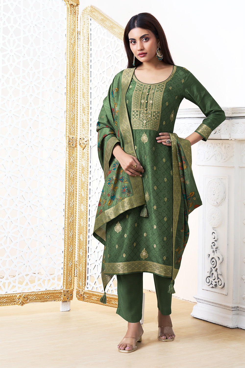 Green Color Silk Woven Straight Suit
