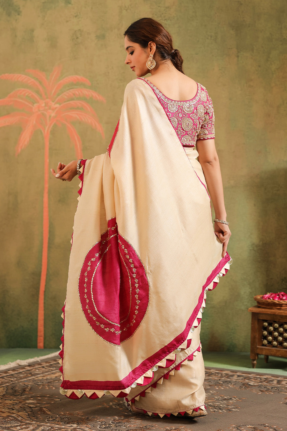 Cream Pure Tussar Zari And Gota-Patti Embroidered Saree