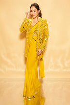 Mustard Color Georgette Mirror Embroidered Saree With Shrug