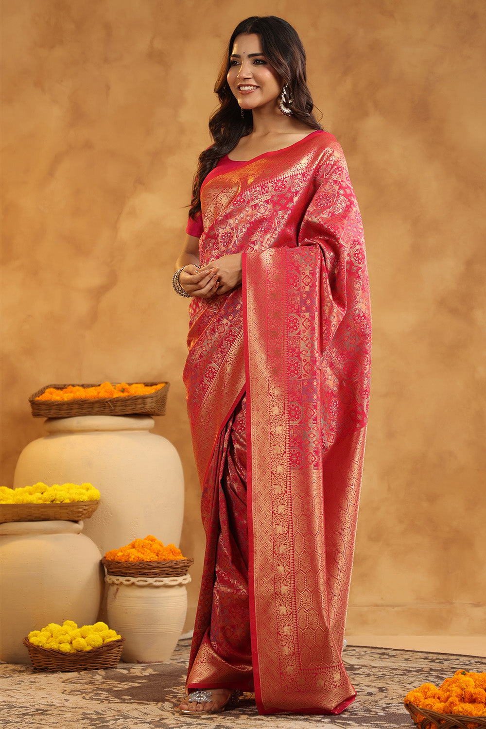 Fuchsia Color Zari Woven Saree