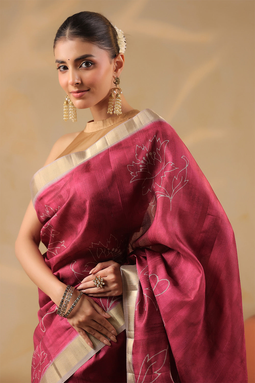 Deep Carmine Floral Printed and Zari Woven Tussar Silk Saree