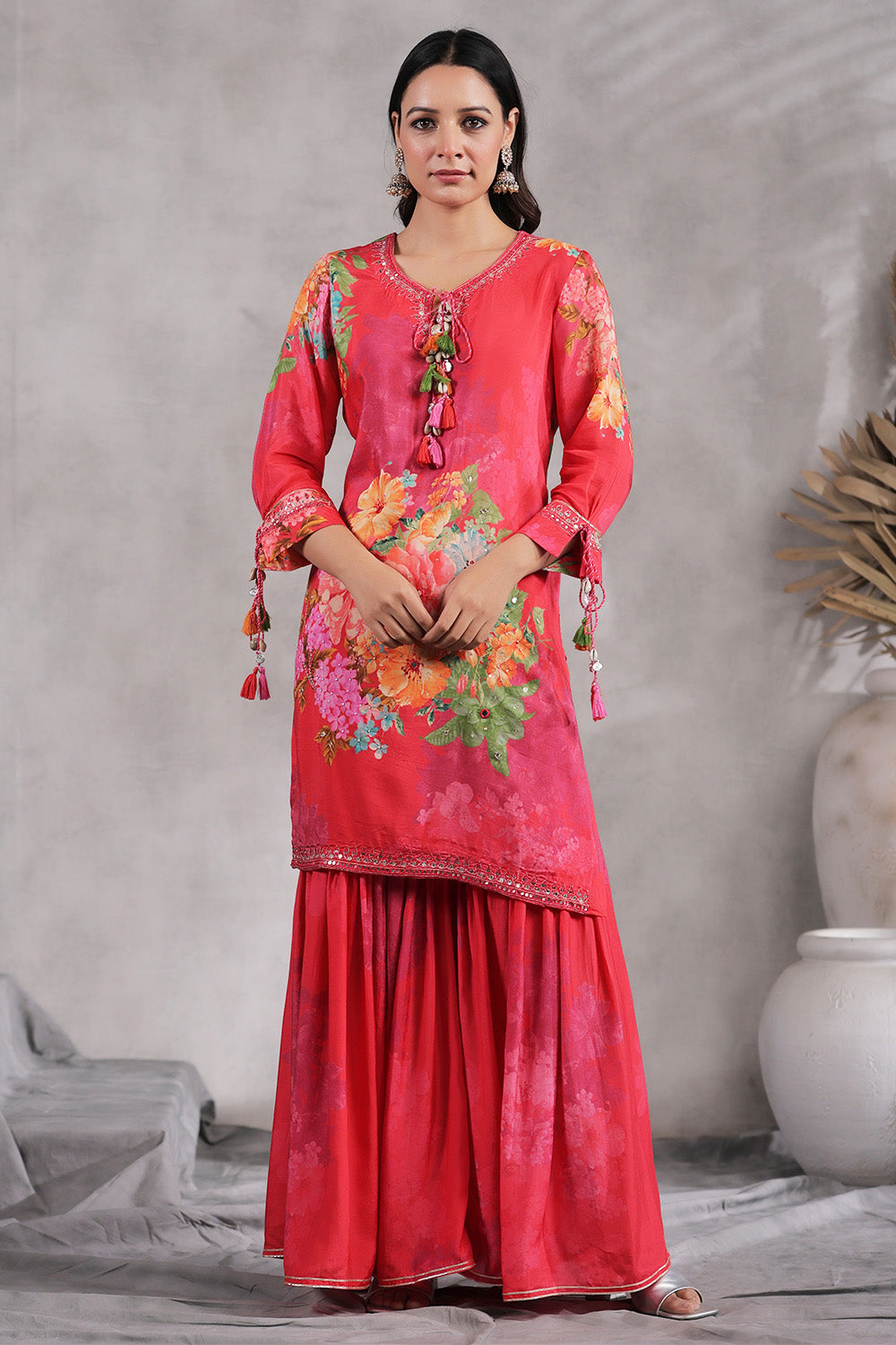 Coral Color Muslin Floral Printed Suit With Sharara