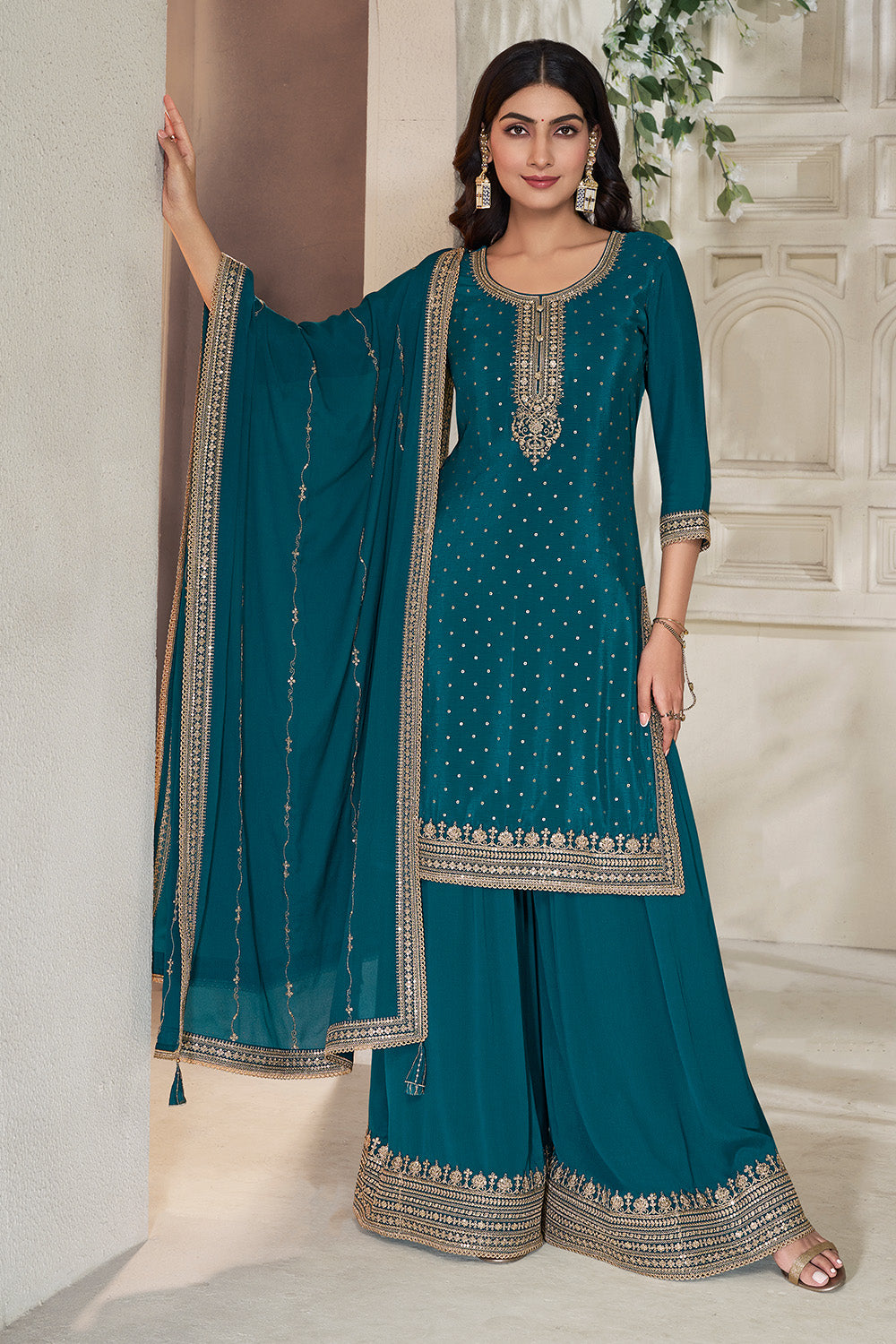 Teal Crepe Silk Zari Embroidered Suit With Embroidered Palazzo