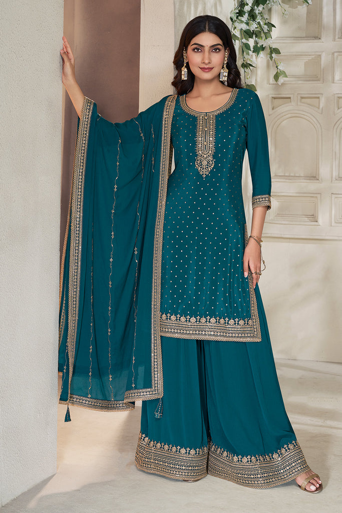 Teal Crepe Silk Zari Embroidered Suit With Embroidered Palazzo