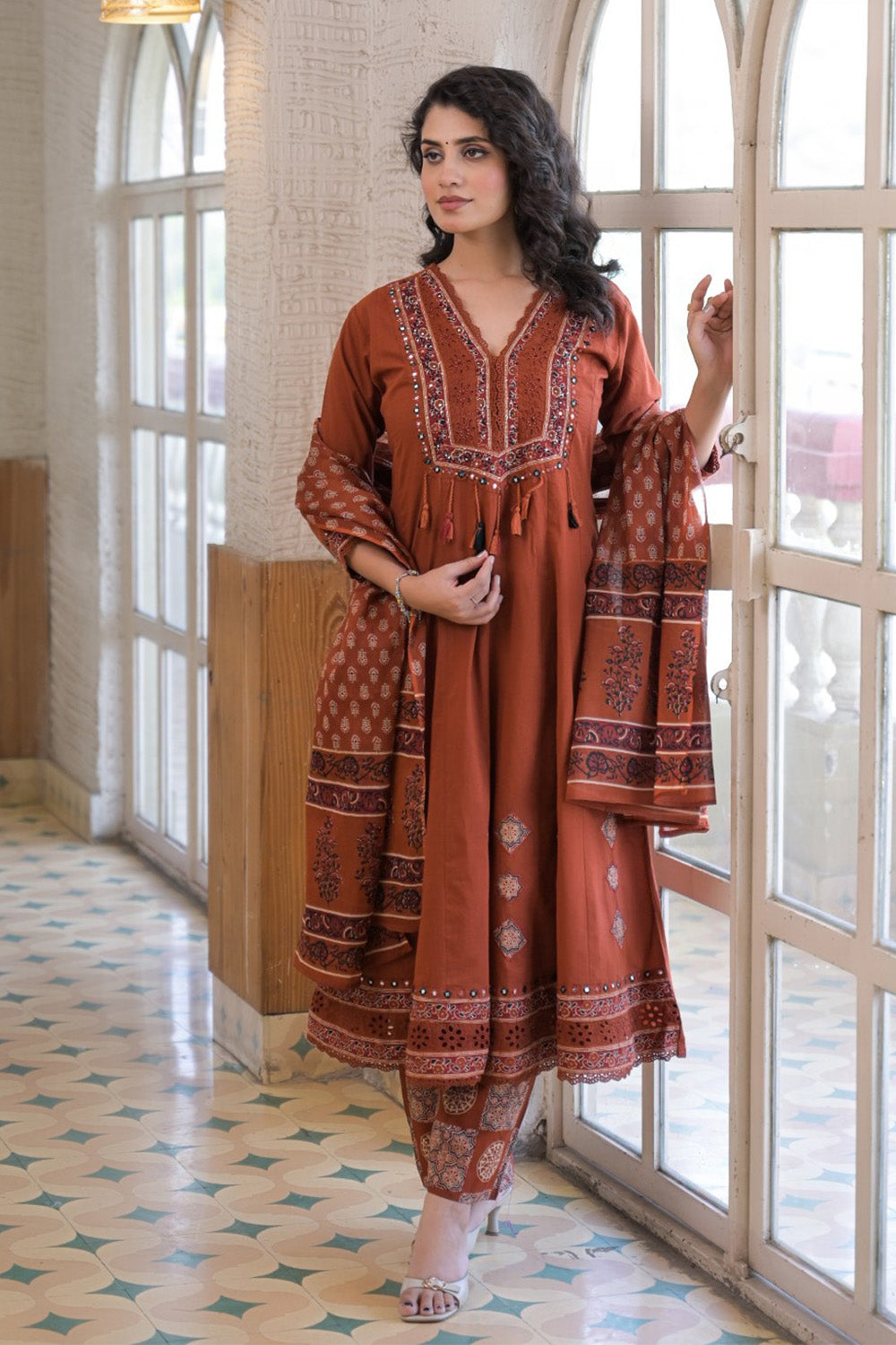 Rust Cotton Neck-Embroidered And Printed Anarkali Suit