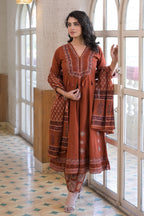 Rust Cotton Neck-Embroidered And Printed Anarkali Suit
