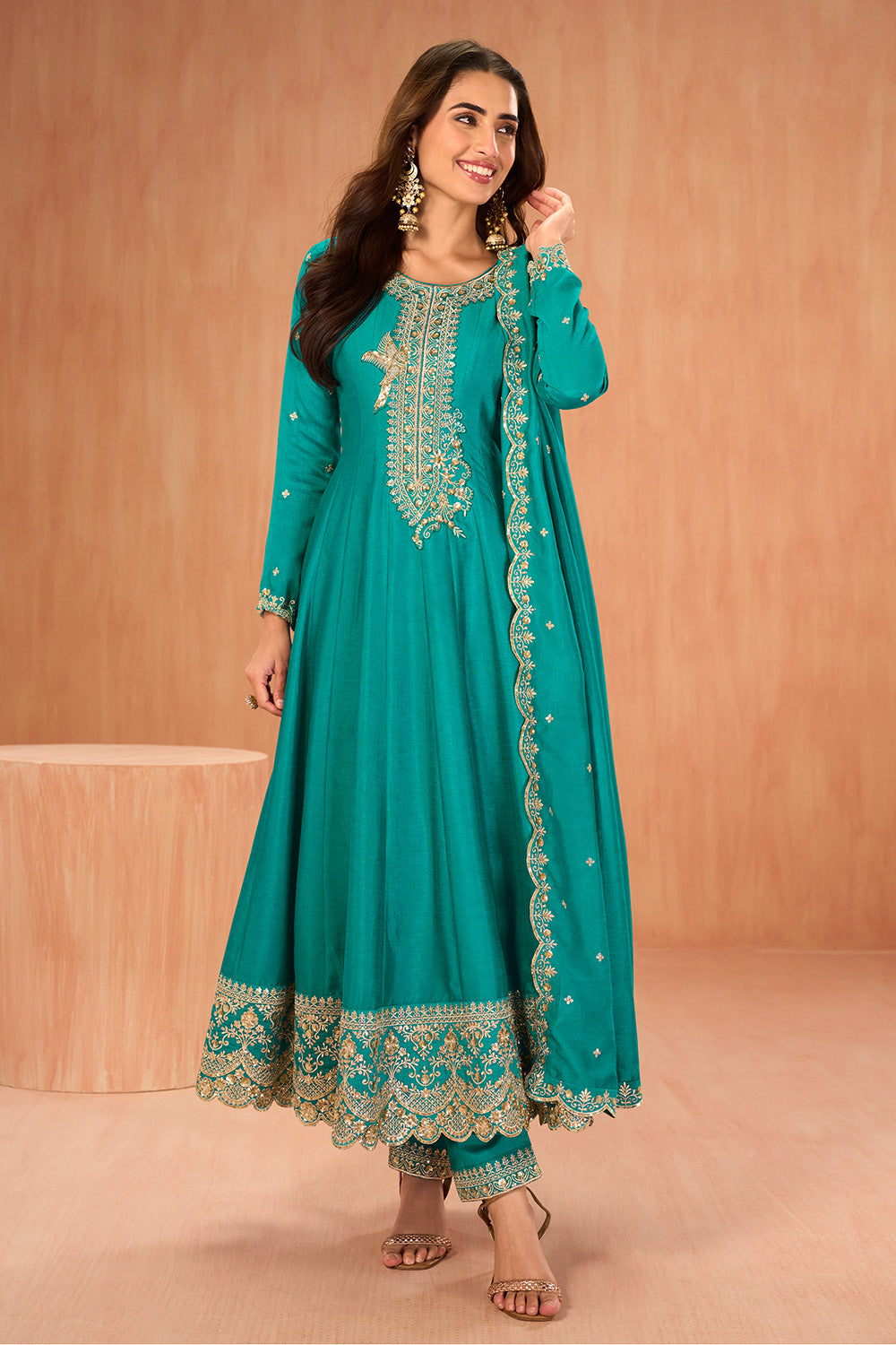 Teal Crepe Silk Zari and Sequins Embroidered Anarkali Suit