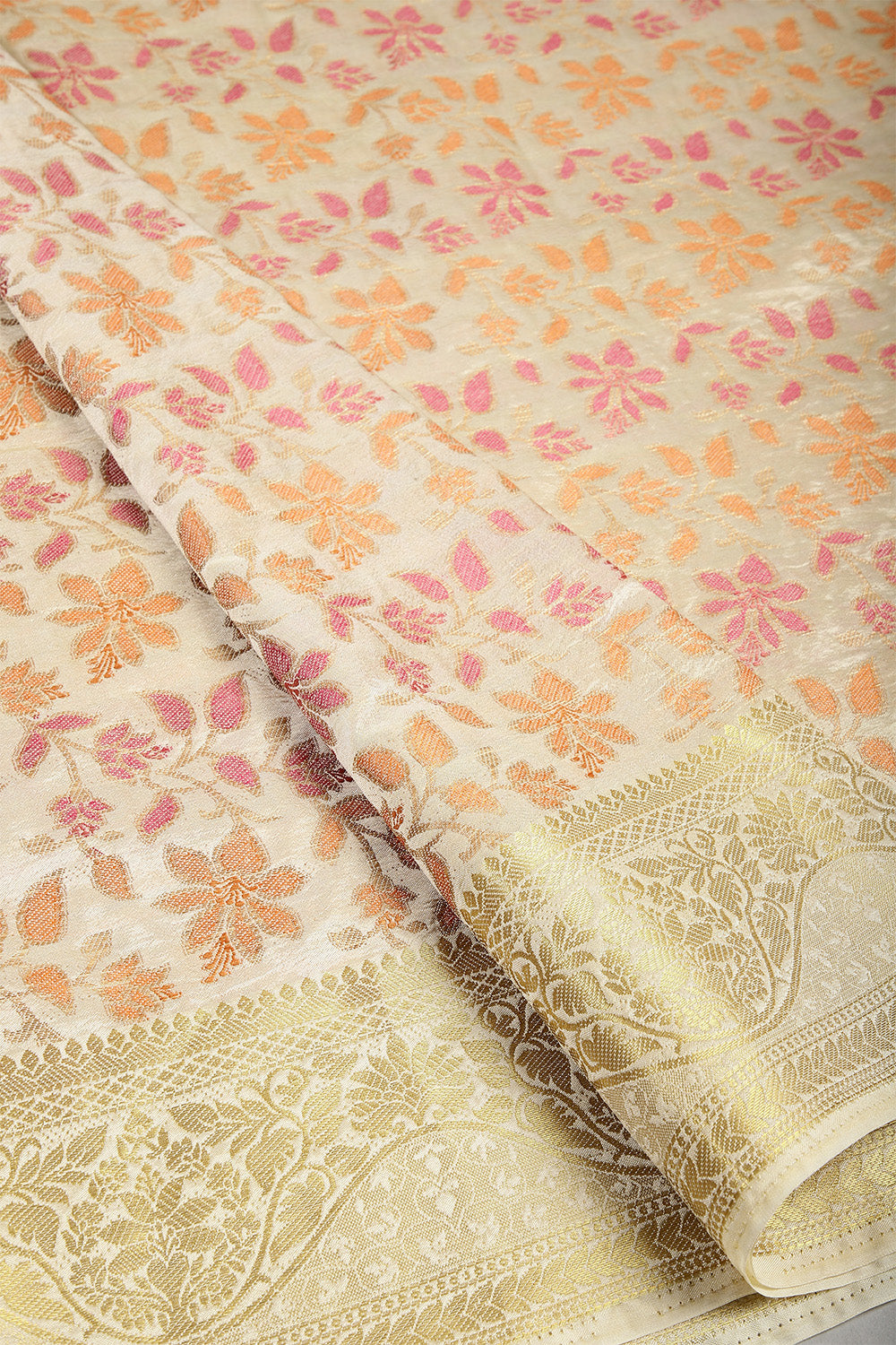 Pearl & Cream Color Tussar Woven Silk Saree