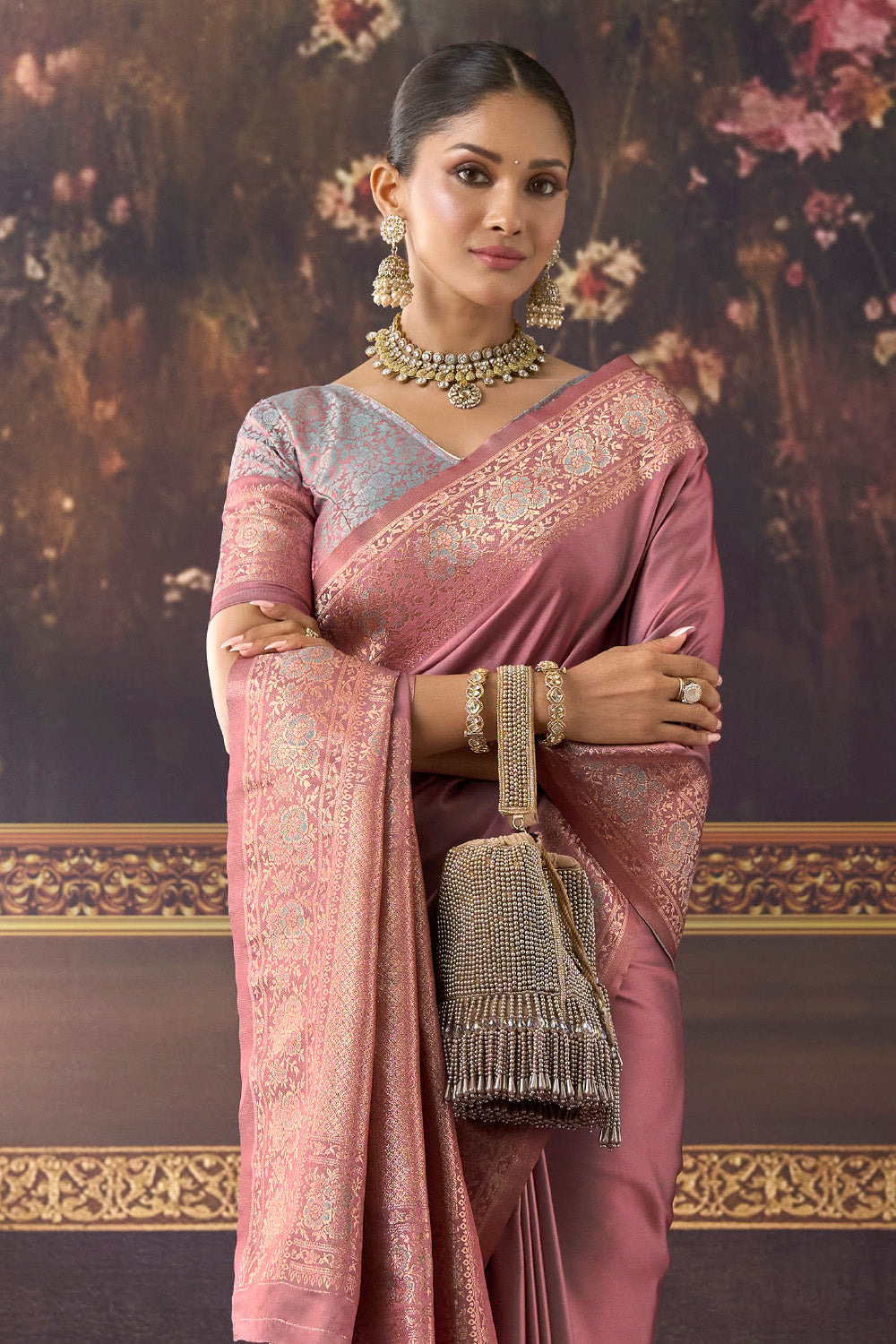 Dusty Pink Zari Woven Mulberry Silk Saree