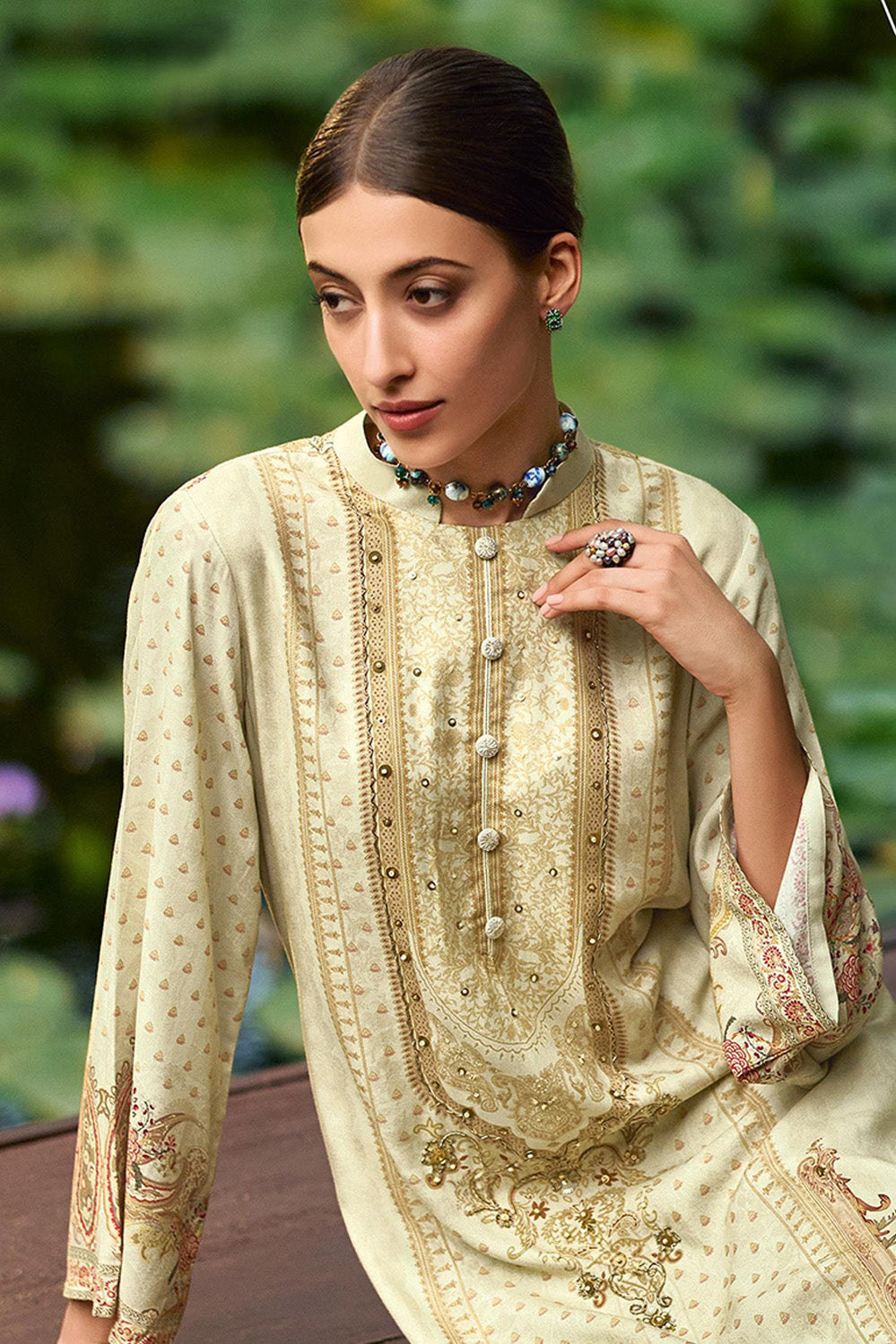 Cream Printed Spun Unstitched Suit Fabric