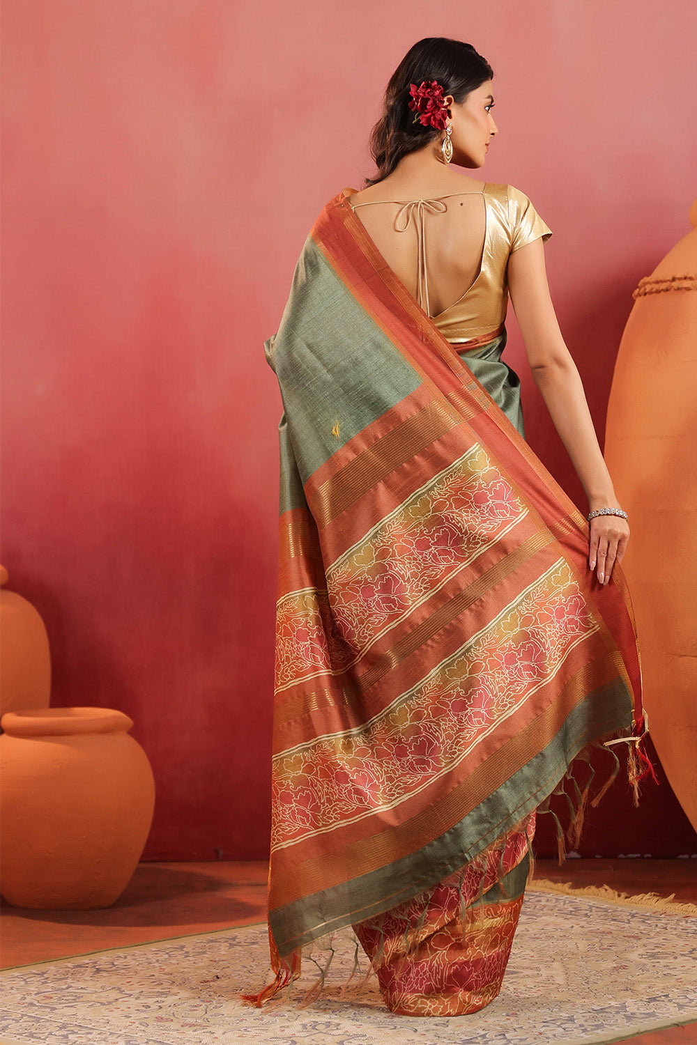 Sage Green Tussar Silk Floral Printed and Zari Woven Saree