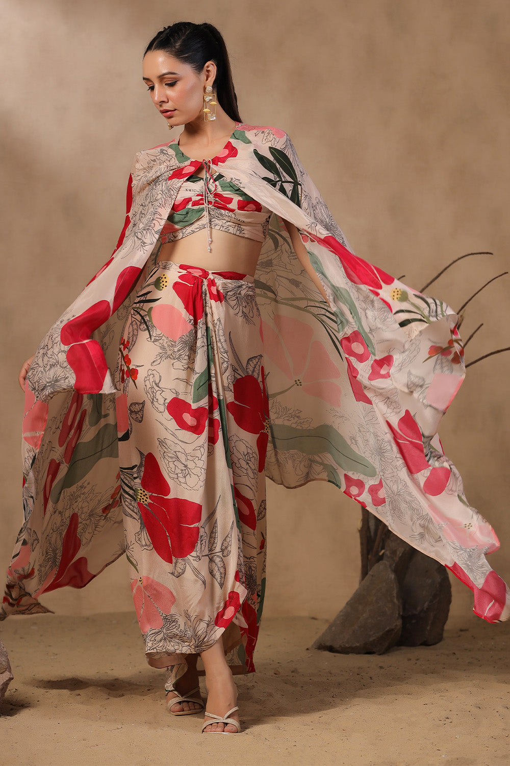 Beige Color Printed Crepe Crop-Top with Shrug and Dhoti Style Skirt