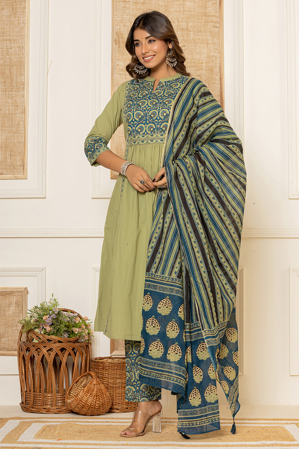 Sage Green Color Printed Cotton Anarkali Suit