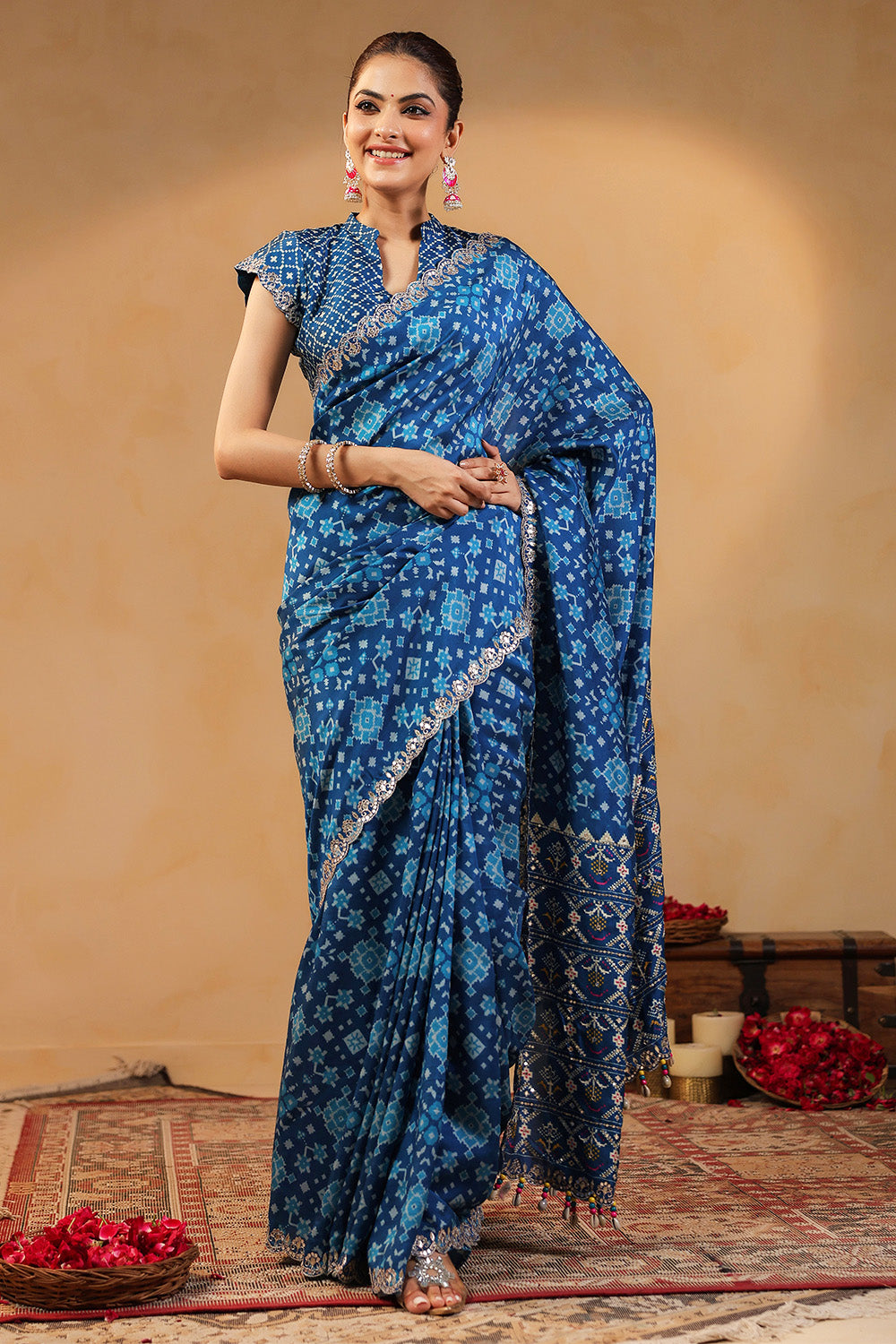 Blue Color Ikat Patola Modal Silk Saree with Gota Patti Border