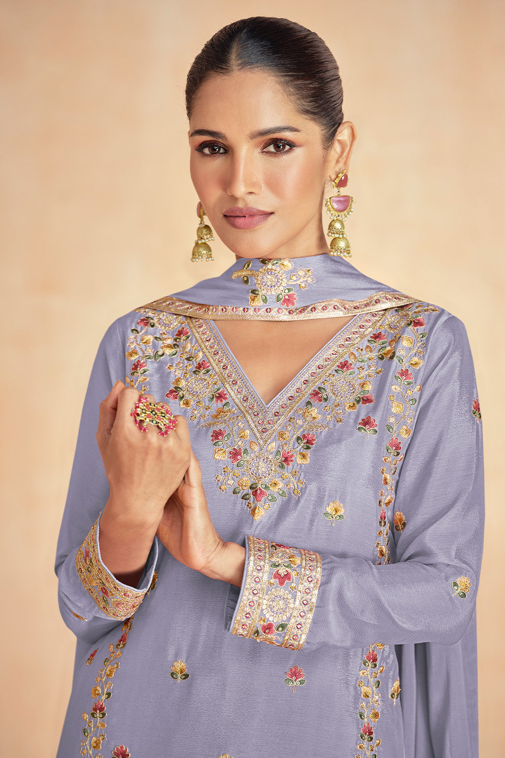 Lavender Color Crepe Silk Resham Embroidered Suit With Palazzo