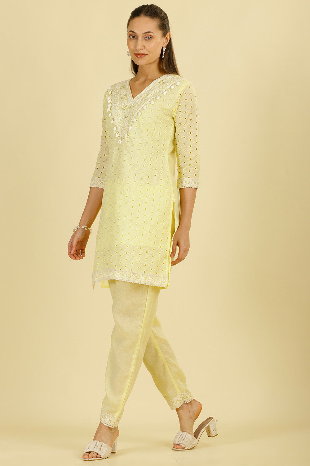 Pale Yellow Cotton Hacoba Style Neck-Embroidered Kurta Set