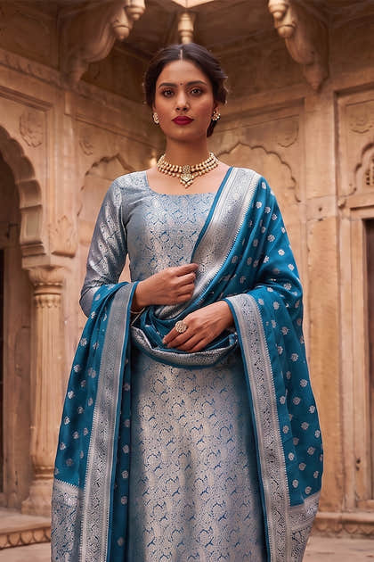 Teal Blue Banarsi Silk Woven Unstitched Suit Material