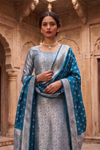 Teal Blue Banarsi Silk Woven Unstitched Suit Material