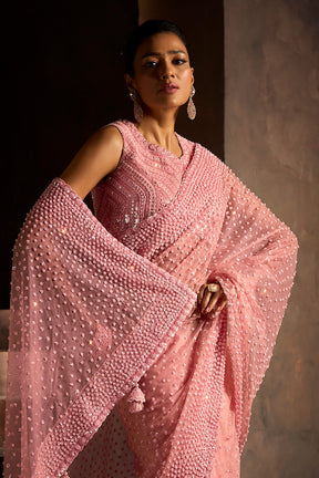 Pink Net Sequins & Cut-Dana Embroidered Saree with Readymade Blouse