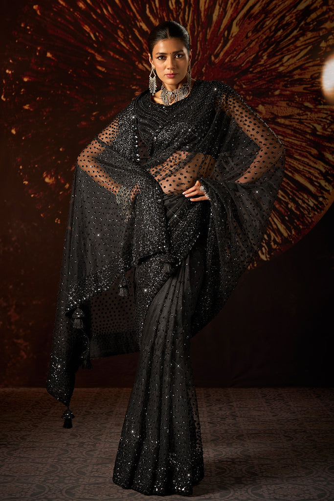 Black Net Sequins & Cut-Dana Embroidered Saree with Readymade Blouse