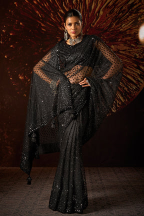 Black Net Sequins & Cut-Dana Embroidered Saree with Readymade Blouse