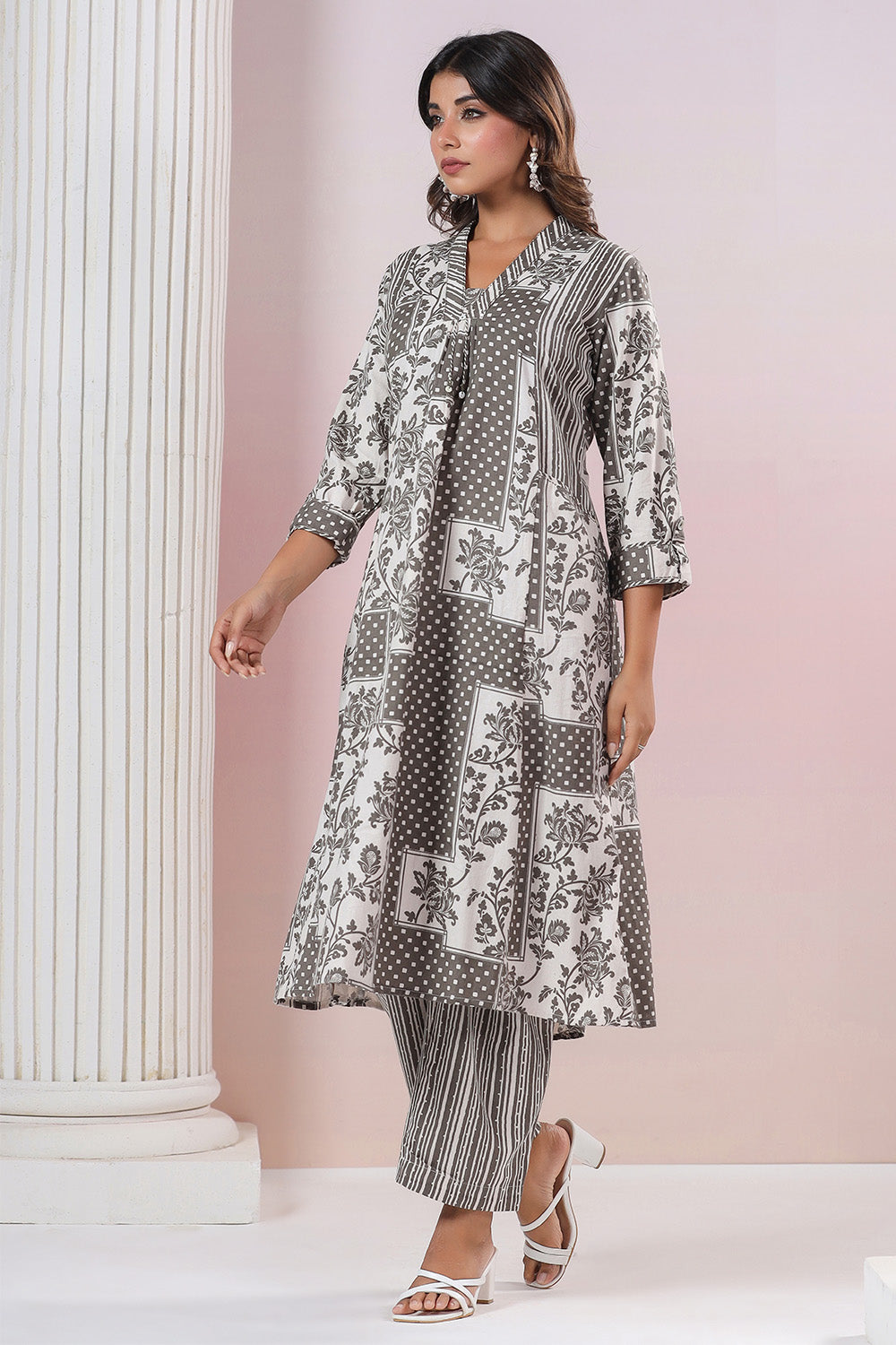Grey & Cream Color Cotton Printed Co_ord Set