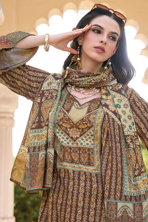 Brown Spun Mughal-Inspired Paisley Printed Unstitched Suits Material
