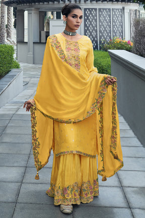 Mustard Color Embroidered Organza Unstitched Suit Material