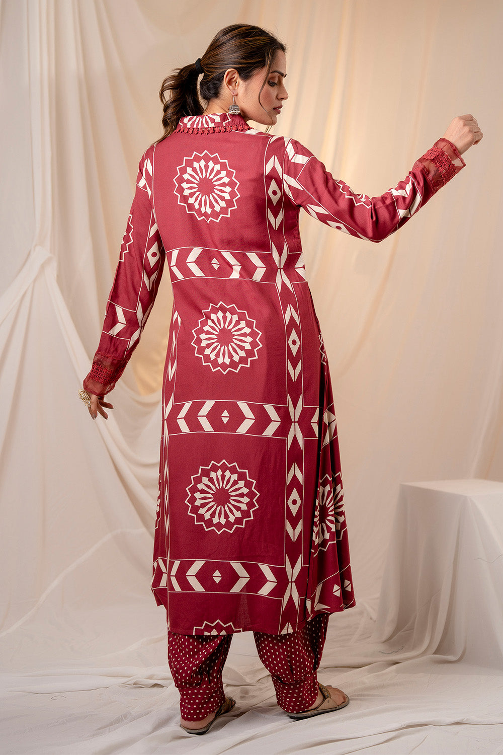 Deep Carmine Printed Rayon Long Kurta Set