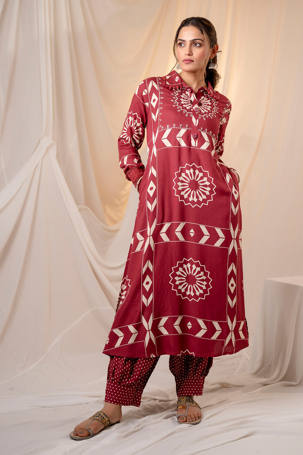 Deep Carmine Printed Rayon Long Kurta Set