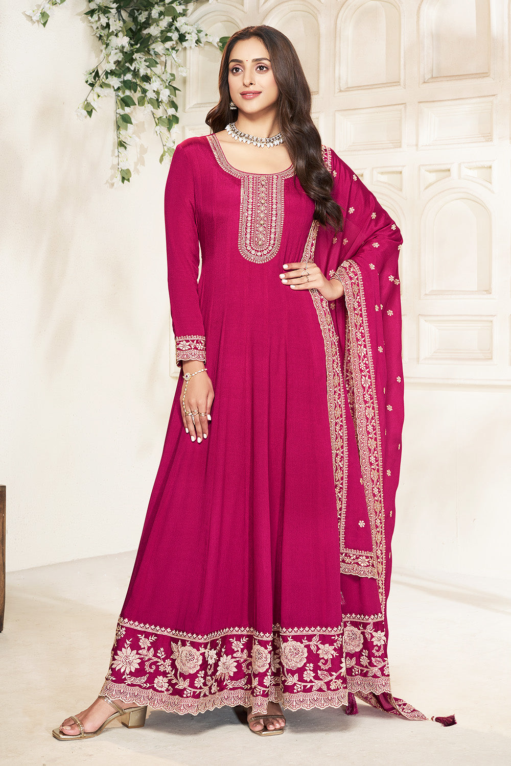 Fuchsia Pink Color Crepe Silk Embroidered Anarkali Kurti With Dupatta