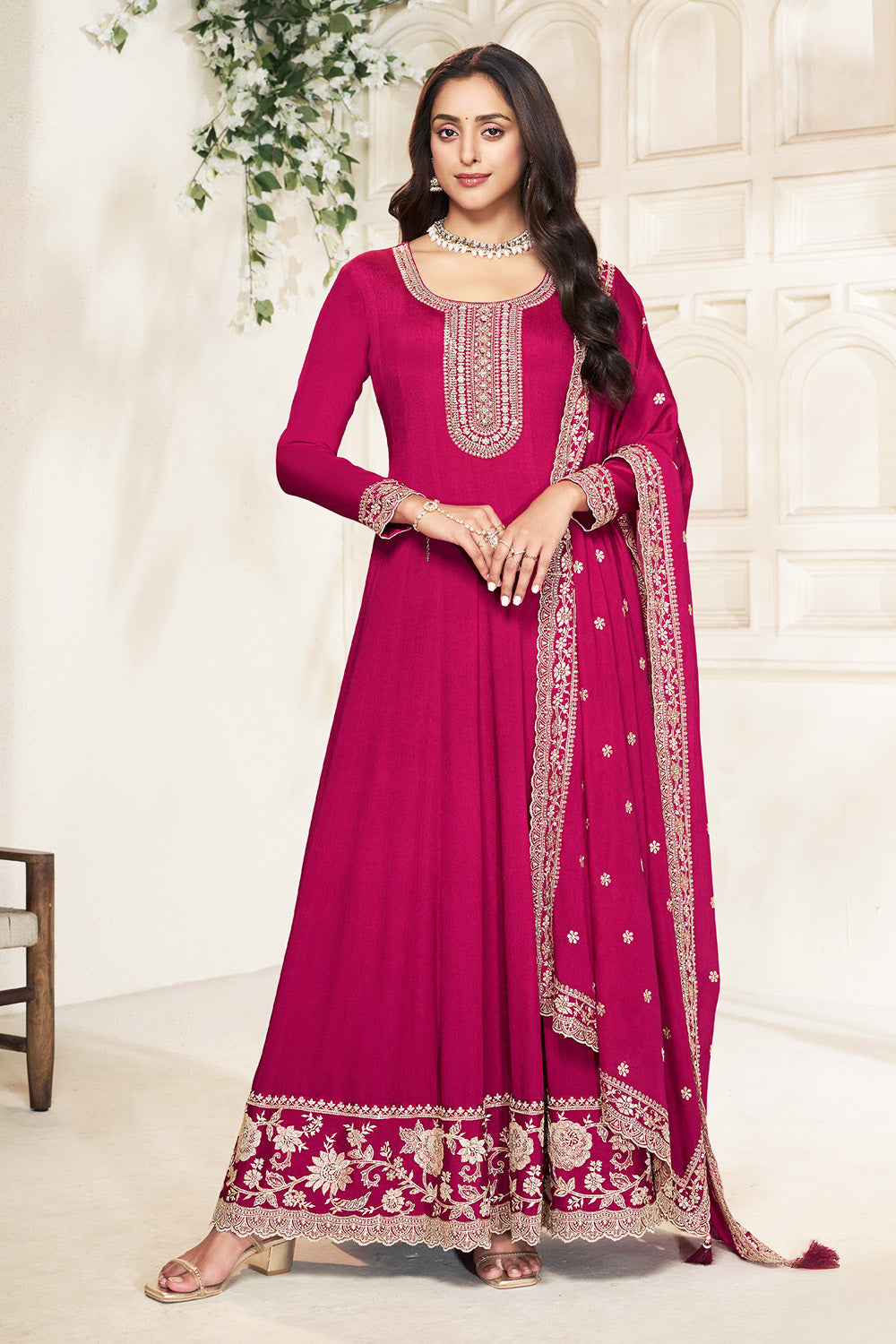 Fuchsia Pink Color Crepe Silk Embroidered Anarkali Kurti With Dupatta