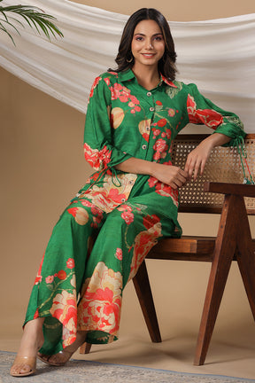 Green Color Muslin Printed Co-Ord Set