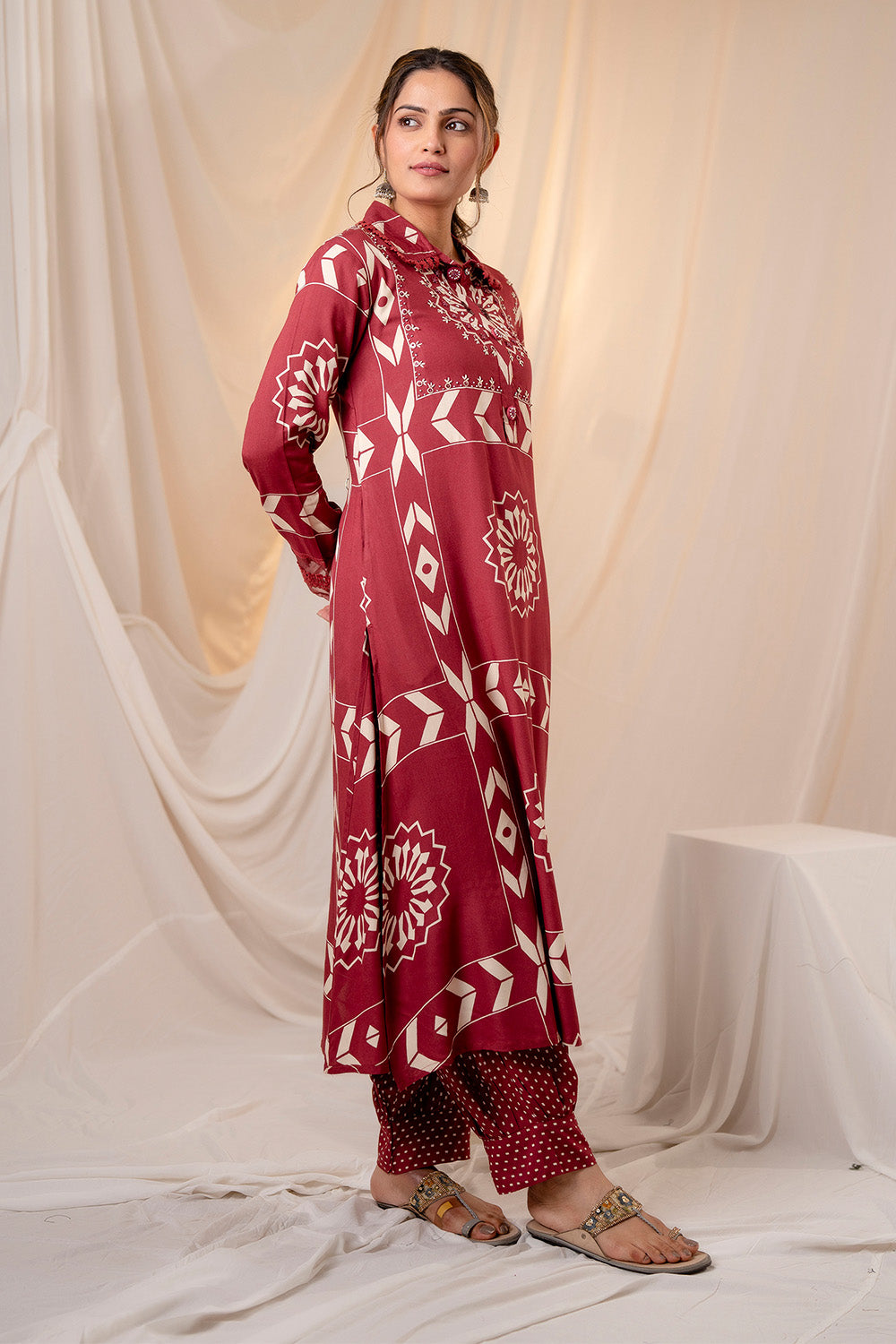 Deep Carmine Printed Rayon Long Kurta Set